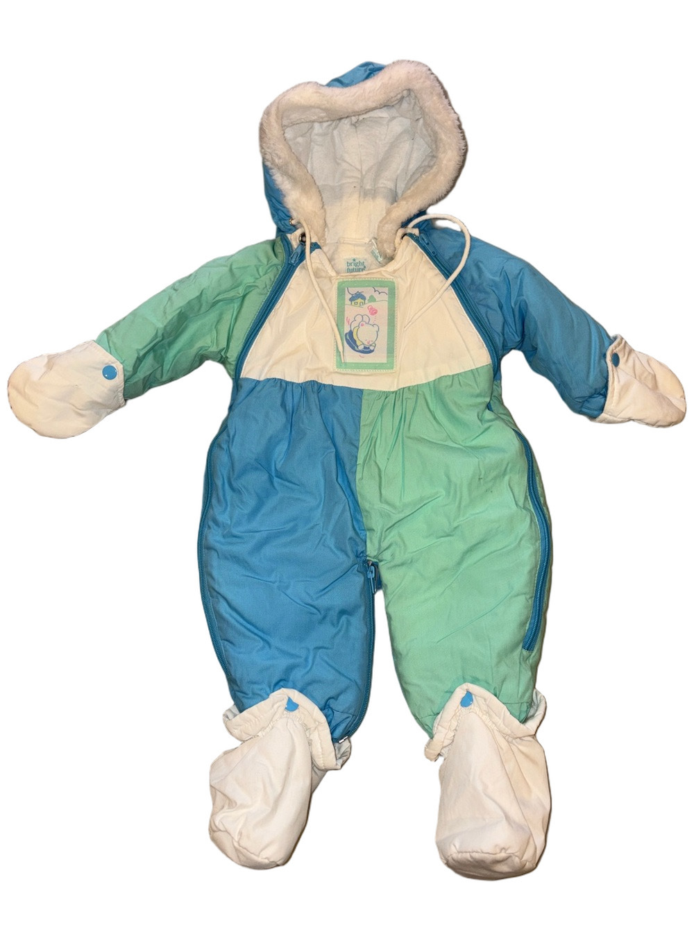 Vintage (0-6M) Bright  Future Baby Snowsuit Bunting Blue Mint Green Hooded